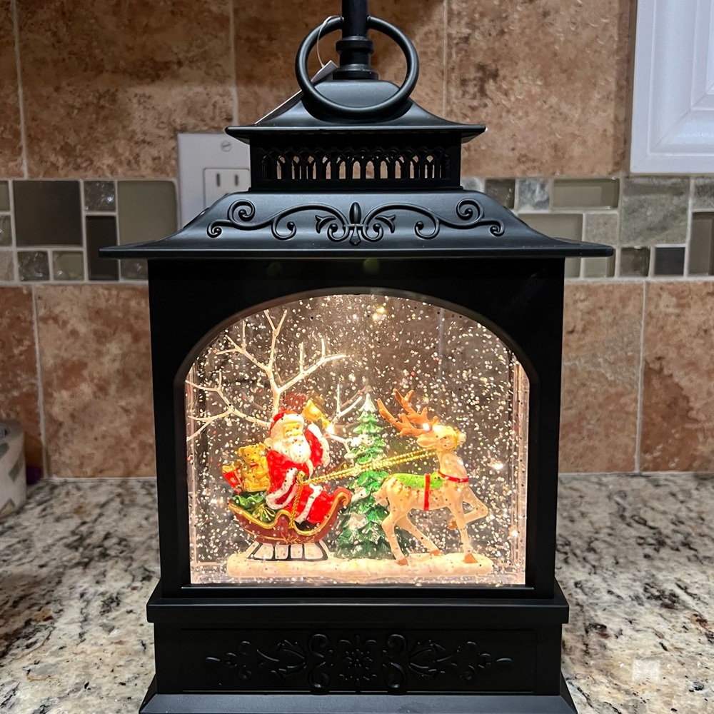 11 Inch Santa And Sleigh Snow Globe Lantern - USB Included
